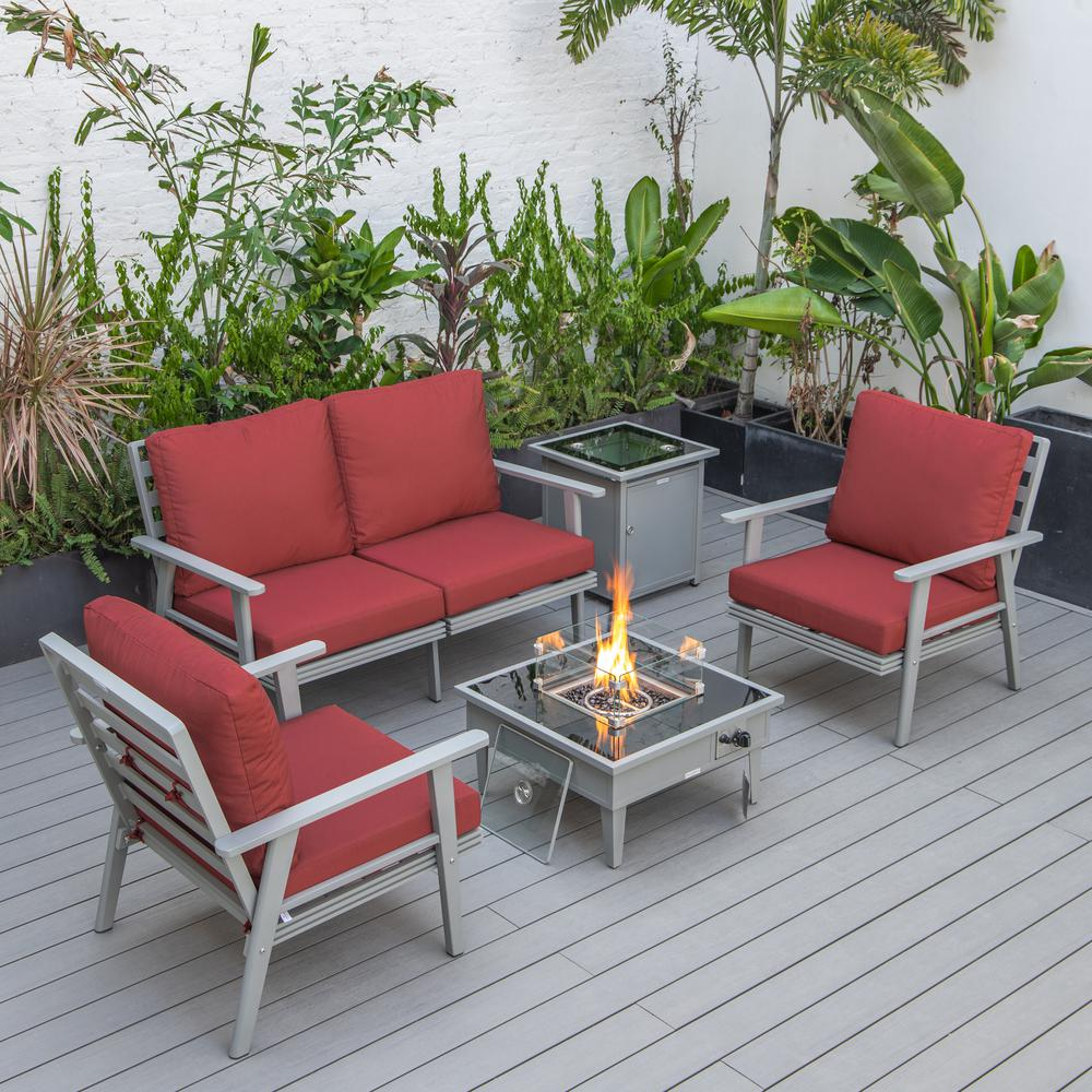 LeisureMod Walbrooke Modern Grey Patio Conversation Set with Fire Pit & Tank Holder, Red