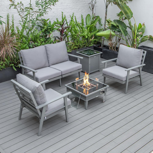 LeisureMod Walbrooke Modern Grey Patio Conversation Set with Square Fire Pit and Slats Design