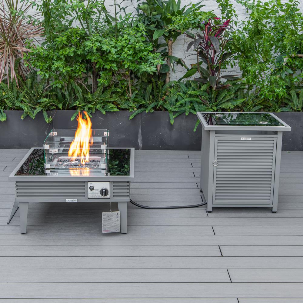 LeisureMod Walbrooke Modern Grey Patio Conversation Set with Square Fire Pit and Slats Design