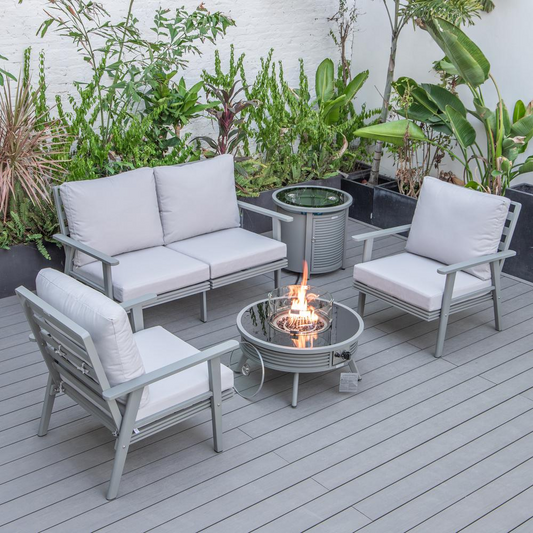 LeisureMod Walbrooke Modern Grey Patio Conversation Set with Round Fire Pit