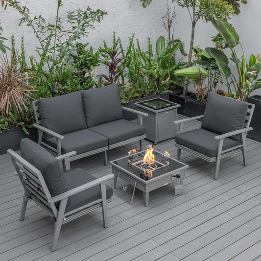 LeisureMod Walbrooke Modern Grey Patio Conversation Set with Square Fire Pit & Tank Holder, Charcoal