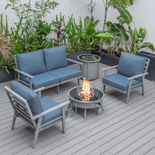 LeisureMod Walbrooke Modern Grey Patio Conversation Set with Fire Pit & Tank Holder, Navy Blue