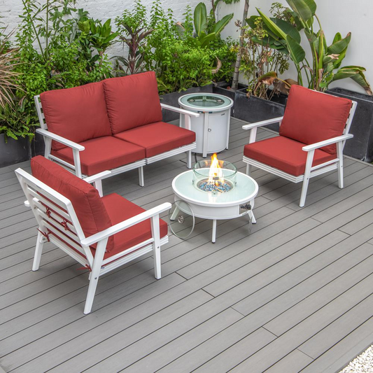 LeisureMod Walbrooke Modern White Patio Conversation Set with Fire Pit & Tank Holder, Red