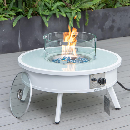 LeisureMod Walbrooke Modern White Patio Conversation Set with Fire Pit & Tank Holder, Red