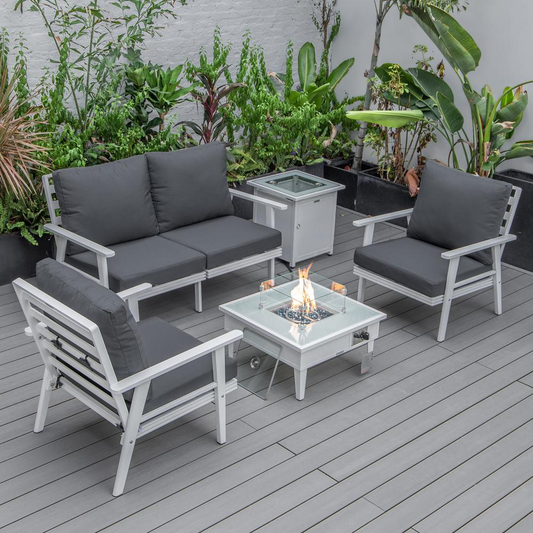 LeisureMod Walbrooke Modern White Patio Conversation Set with Square Fire Pit & Tank Holder, Charcoal