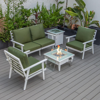 LeisureMod Walbrooke Modern White Patio Conversation Set with Square Fire Pit & Tank Holder, Green