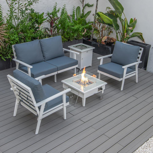 LeisureMod Walbrooke Modern White Patio Conversation Set with Square Fire Pit & Tank Holder, Navy Blue