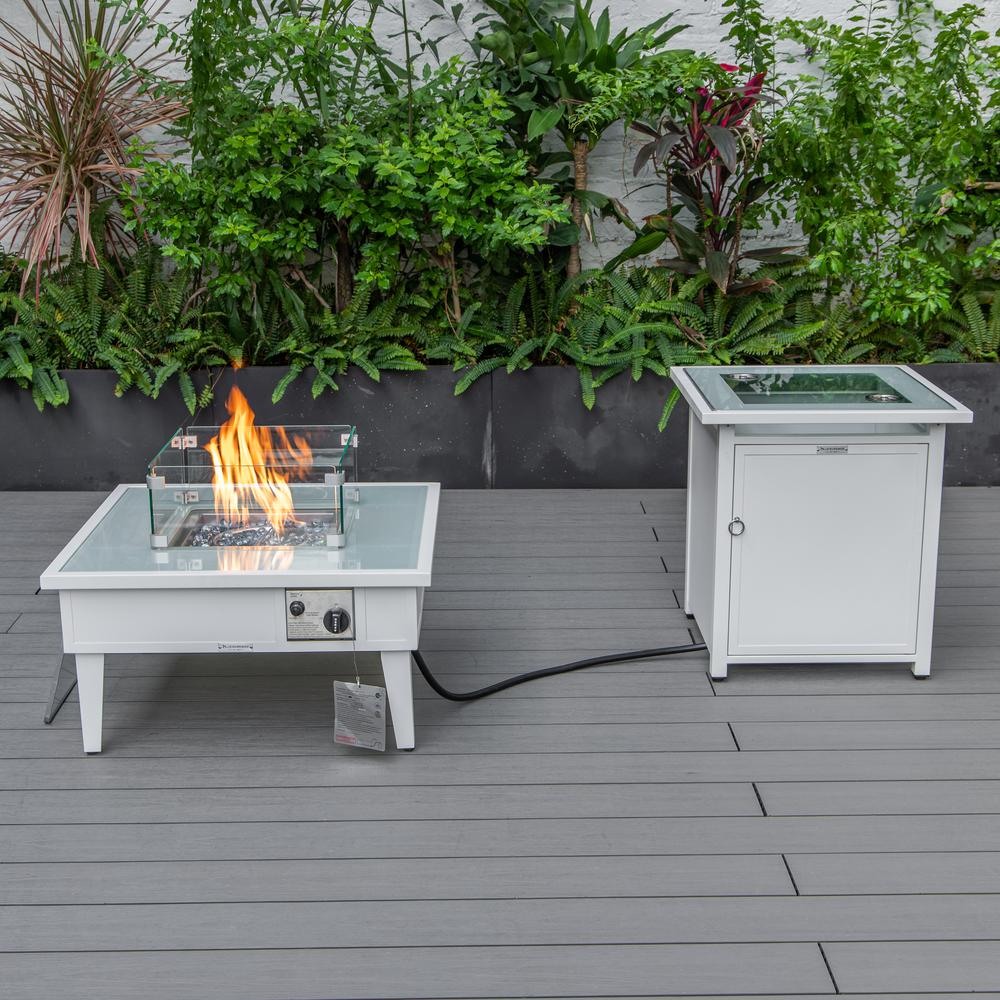 LeisureMod Walbrooke Modern White Patio Conversation Set with Square Fire Pit & Tank Holder, Navy Blue