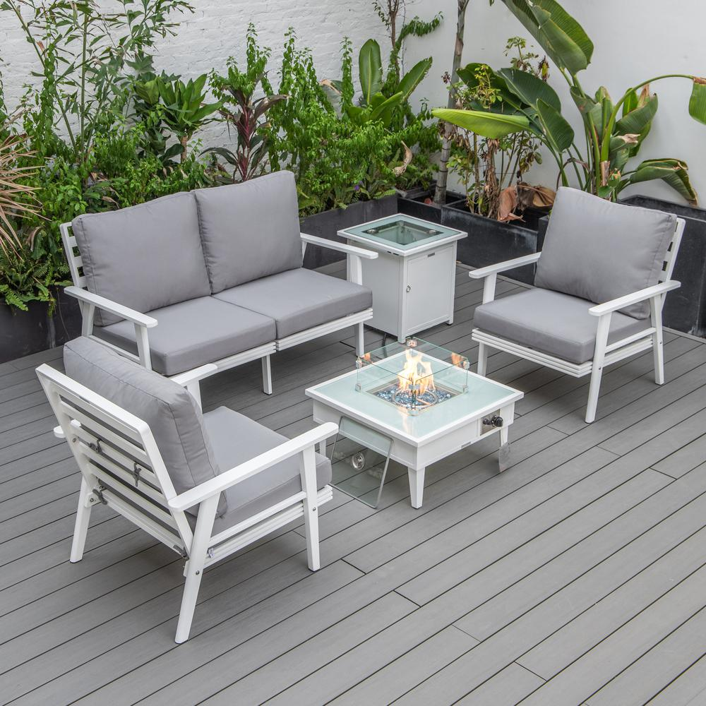 LeisureMod Walbrooke Modern White Patio Conversation Set with Square Fire Pit & Tank Holder, Grey