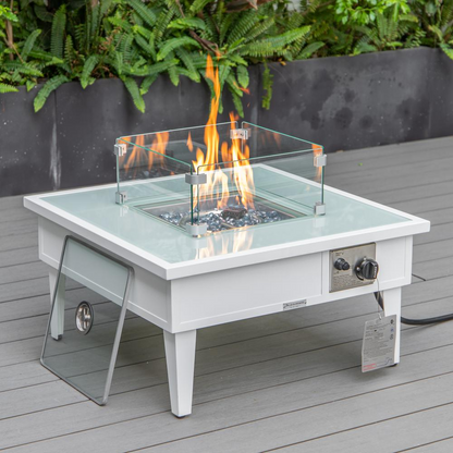 LeisureMod Walbrooke Modern White Patio Conversation Set with Square Fire Pit & Tank Holder, Grey