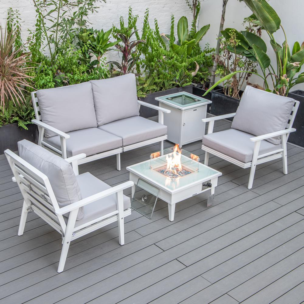 LeisureMod Walbrooke Modern White Patio Conversation Set with Fire Pit & Tank Holder - Light Grey