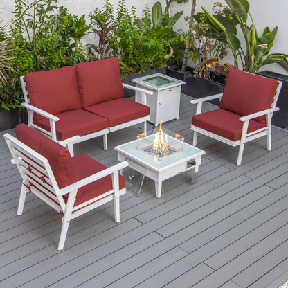 LeisureMod Walbrooke Modern White Patio Conversation Set with Square Fire Pit & Tank Holder, Red