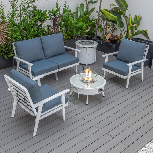 LeisureMod Walbrooke Modern White Patio Conversation Set with Fire Pit & Tank Holder, Navy Blue