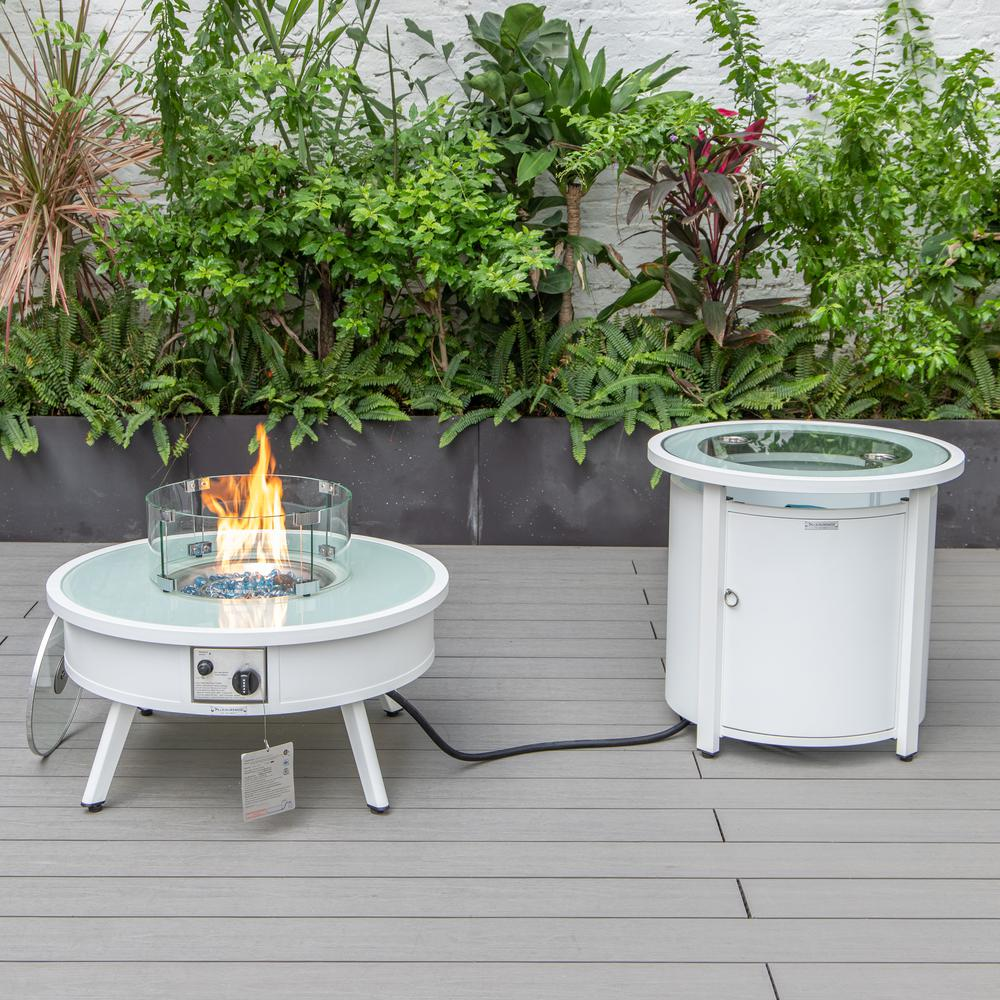 LeisureMod Walbrooke Modern White Patio Conversation Set with Fire Pit & Tank Holder, Navy Blue