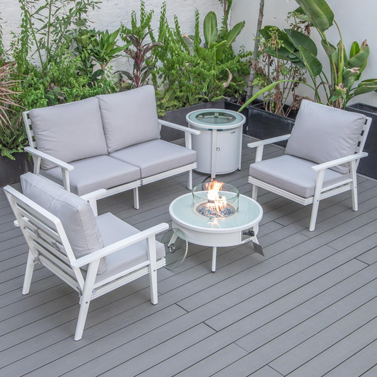 LeisureMod Walbrooke Modern White Patio Conversation Set with Fire Pit & Tank Holder, Light Grey