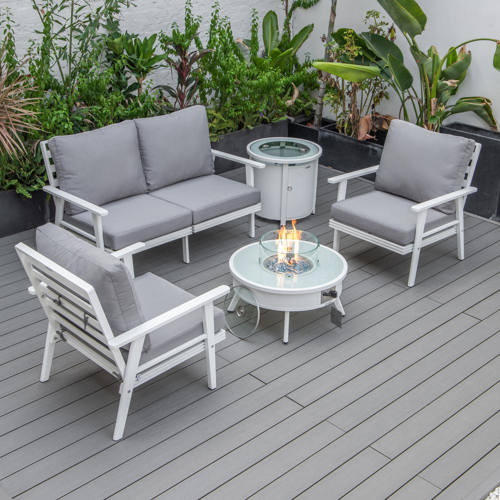 LeisureMod Walbrooke Modern White Patio Conversation Set with Fire Pit & Tank Holder, Grey