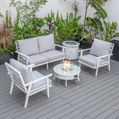 LeisureMod Walbrooke Modern White Patio Conversation Set with Round Fire Pit and Tank Holder, Light Grey