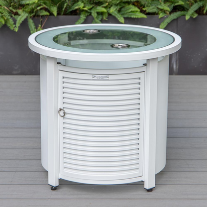 LeisureMod Walbrooke Modern White Patio Conversation Set with Round Fire Pit and Tank Holder, Light Grey