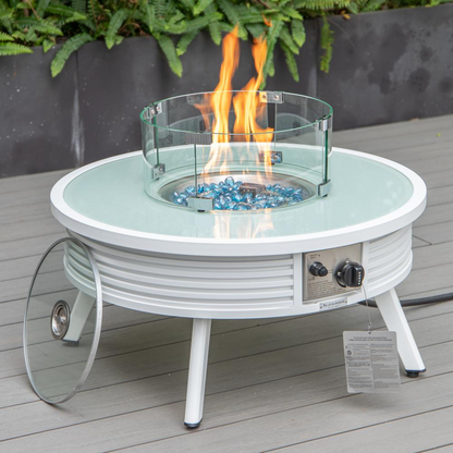 LeisureMod Walbrooke Modern White Patio Conversation Set with Round Fire Pit and Tank Holder, Light Grey