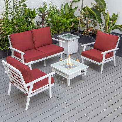 LeisureMod Walbrooke Modern White Patio Conversation Set with Square Fire Pit and Tank Holder, Red