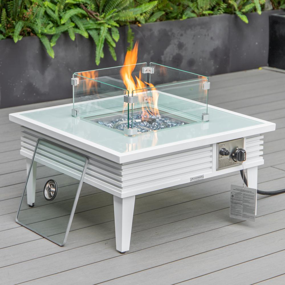 LeisureMod Walbrooke Modern White Patio Conversation Set with Square Fire Pit and Tank Holder, Red