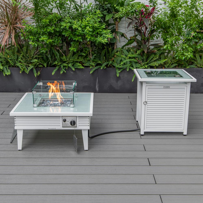 LeisureMod Walbrooke Modern White Patio Conversation Set with Square Fire Pit and Tank Holder, Red