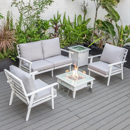 LeisureMod Walbrooke Modern White Patio Conversation Set with Fire Pit