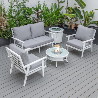 LeisureMod Walbrooke Modern White Patio Conversation Set with Round Fire Pit and Tank Holder, Grey