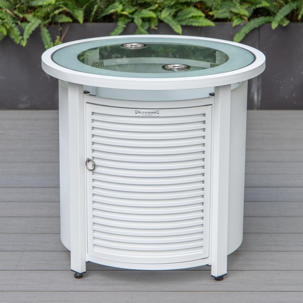 LeisureMod Walbrooke Modern White Patio Conversation Set with Round Fire Pit and Tank Holder, Grey