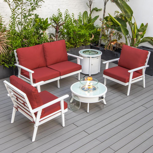 LeisureMod Walbrooke Modern White Patio Conversation Set with Round Fire Pit and Tank Holder, Red