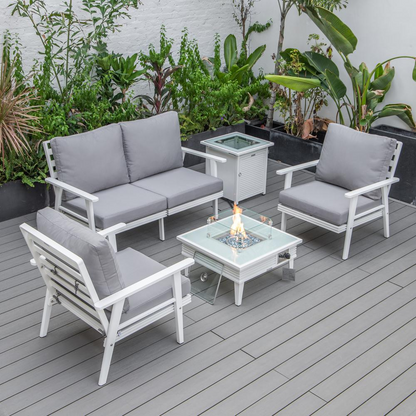 LeisureMod Walbrooke Modern White Patio Conversation Set with Fire Pit - Cozy Outdoor Furniture for Relaxation and Entertainment