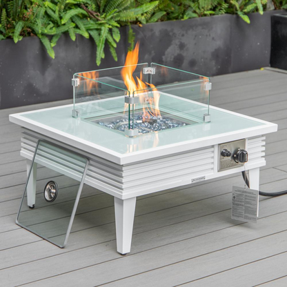 LeisureMod Walbrooke Modern White Patio Conversation Set with Fire Pit - Cozy Outdoor Furniture for Relaxation and Entertainment