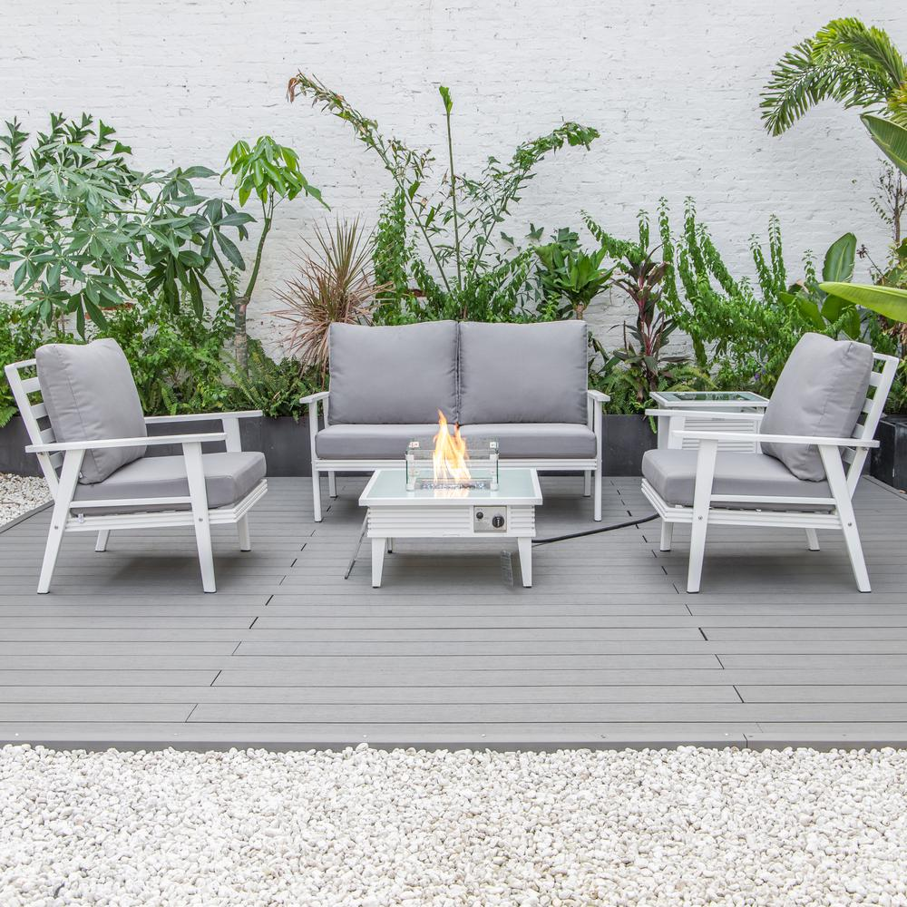 LeisureMod Walbrooke Modern White Patio Conversation Set with Fire Pit - Cozy Outdoor Furniture for Relaxation and Entertainment