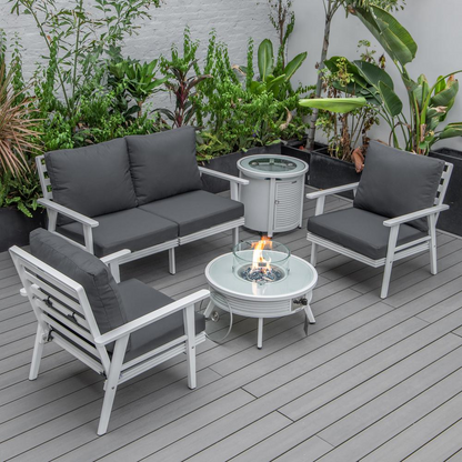 LeisureMod Walbrooke Modern White Patio Conversation Set with Fire Pit