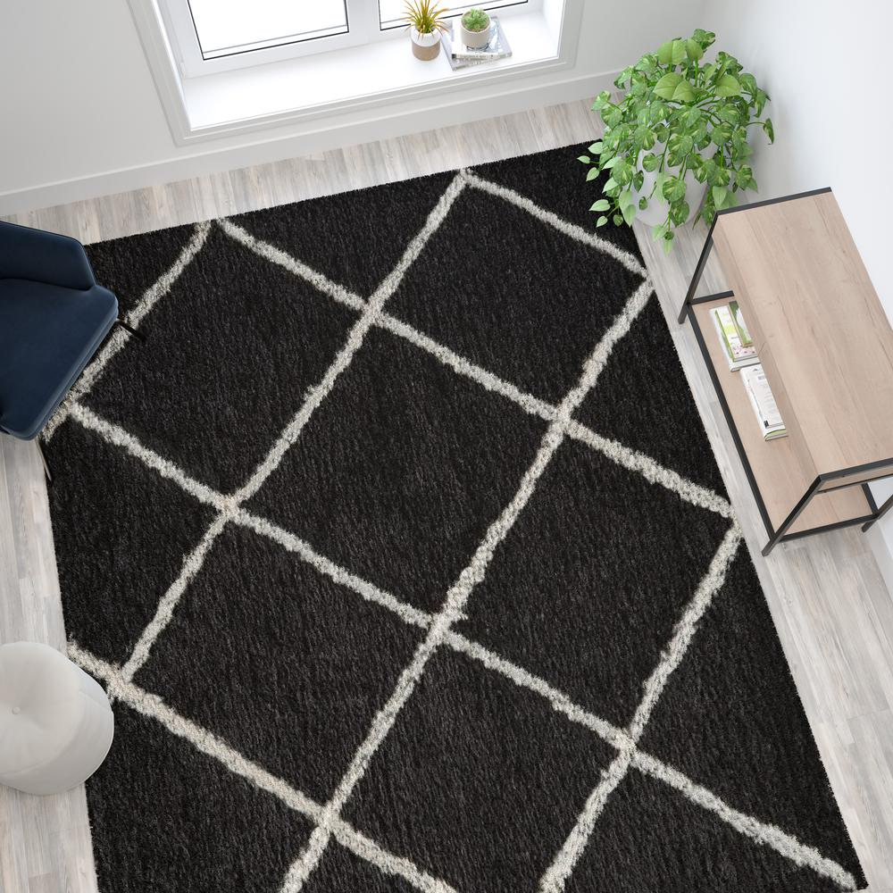 Shag Style Diamond Trellis Area Rug - 8' x 10' - Charcoal/Ivory Polyester (PET)