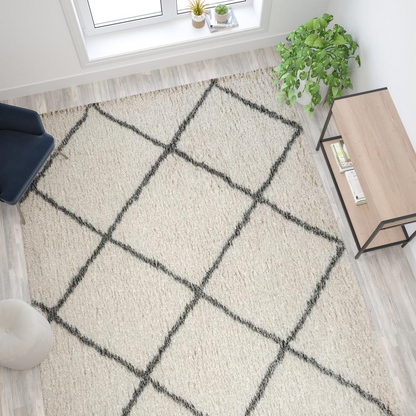 Shag Style Diamond Trellis Area Rug - 8' x 10' - Ivory/Gray Polyester (PET)