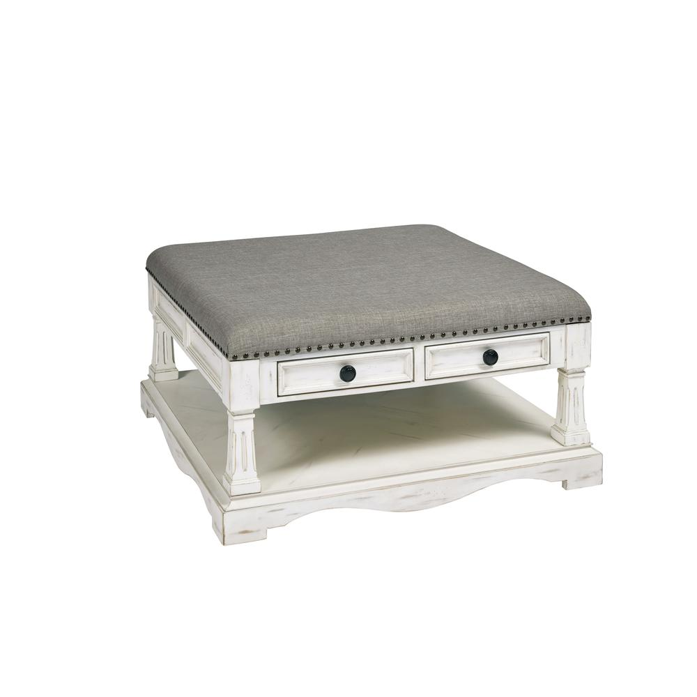 Square Upholstered Cocktail Table - Farmhouse Favorite with Nail Head Trim, Drawers, and Bottom Shelf - Navarrete Furniture