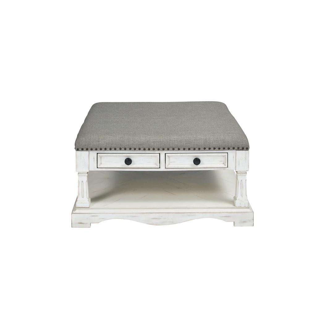 Square Upholstered Cocktail Table - Farmhouse Favorite with Nail Head Trim, Drawers, and Bottom Shelf - Navarrete Furniture