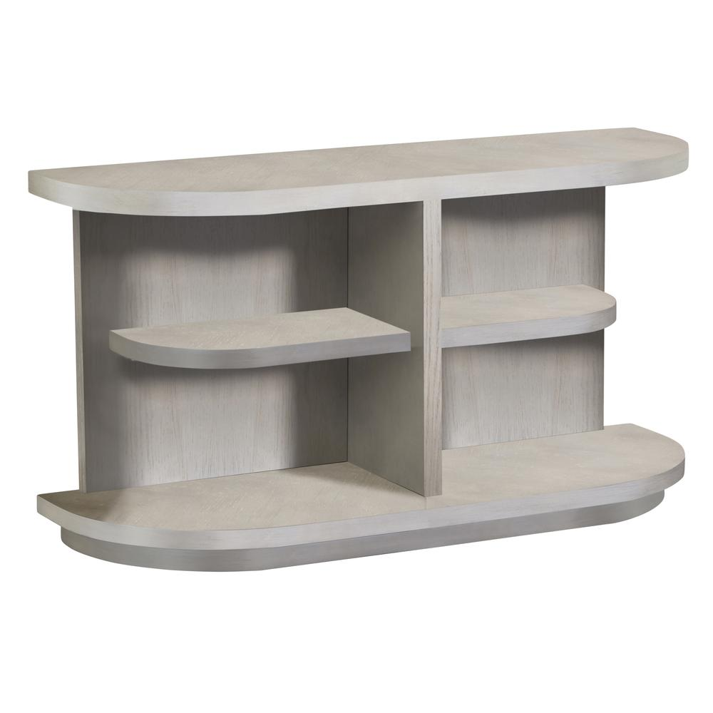 Sophisticated Sofa/Console Table | Curvilinear Shape | Open Shelving | Pearlized Gray Finish