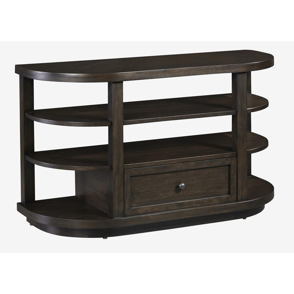 Chocolate Mahogany Sofa/Console Table - Transitional Style, Drawer Storage, Open Shelving