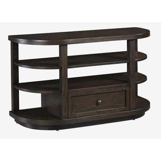 Chocolate Mahogany Sofa/Console Table - Transitional Style, Drawer Storage, Open Shelving