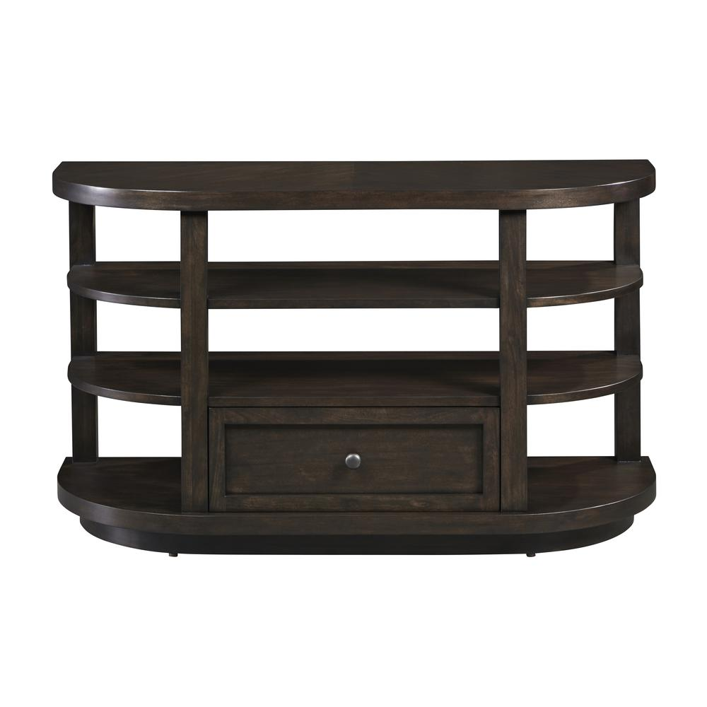 Chocolate Mahogany Sofa/Console Table - Transitional Style, Drawer Storage, Open Shelving