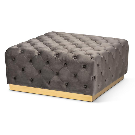 Glam and Luxe Grey Velvet Gold Finished Square Cocktail Ottoman