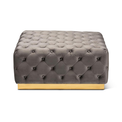 Glam and Luxe Grey Velvet Gold Finished Square Cocktail Ottoman