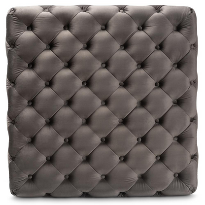 Glam and Luxe Grey Velvet Gold Finished Square Cocktail Ottoman