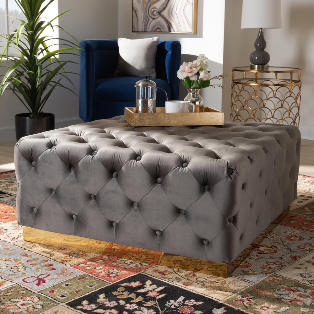 Glam and Luxe Grey Velvet Gold Finished Square Cocktail Ottoman