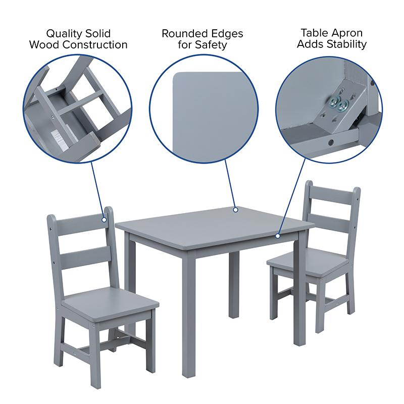 Kids Solid Hardwood Table and Chair Set - Gray | Perfect for Playroom, Bedroom, and Kitchen