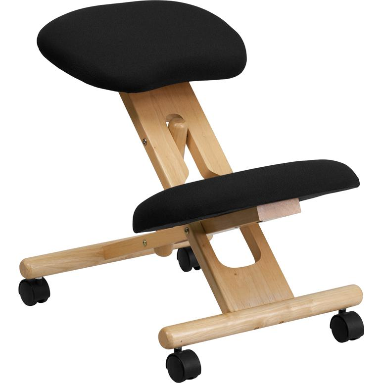 Mobile Wooden Ergonomic Kneeling Office Chair in Black Fabric