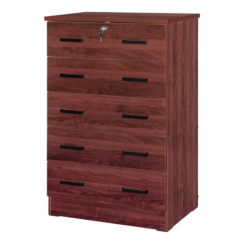 Better Home Products Cindy 5 Drawer Chest Wooden Dresser with Lock in Mahogany