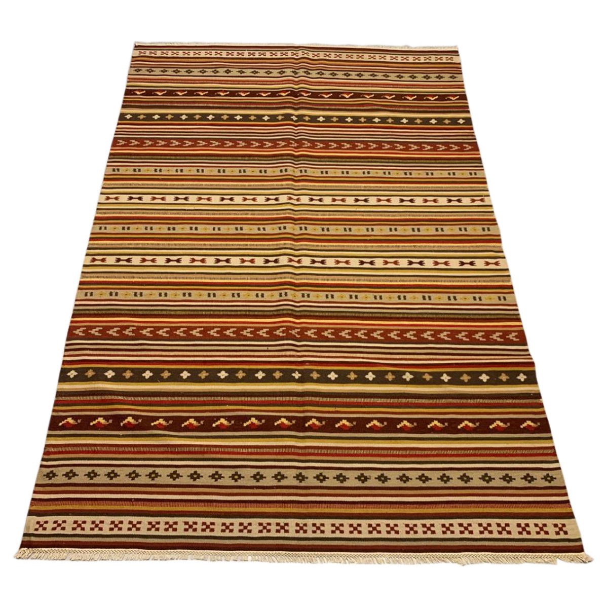 Vintage Handwoven Calico Strip Rug - 100% Genuine Wool Kilim with Unique Antique Look